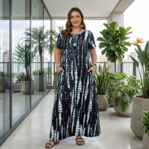 Maxivestido Casual de líneas verticales – Manga Corta y Bolsillos