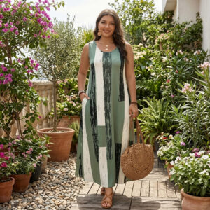 Maxivestido Fluido Naturaleza Oliva – Estampado Geométrico con Bolsillos